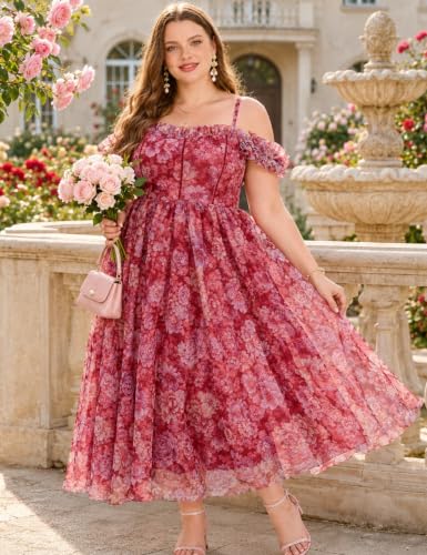 Image of EYWOL Plus Size Formal Wedding Guest Cocktail Party Floral Dress with Slit