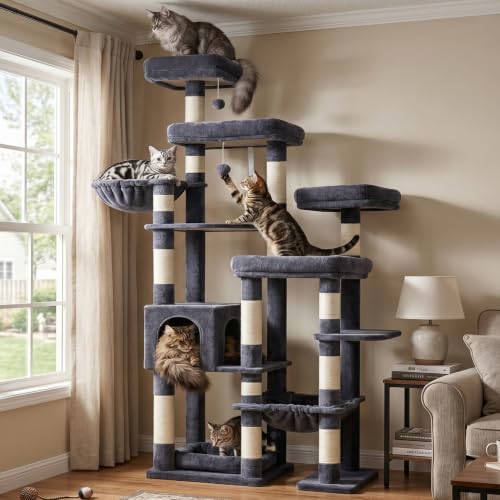 Image of Hey-brother Cat Tree Tower, Wide Base, 5 Platforms for Multi-Cats, MPJ074G | 72.8 Inches Tall Furniture, 5 Plush Beds, Large Condo, Big Hammocks, Sisal Scratching Posts, for Indoor Adult Cat, Smoky Gray
