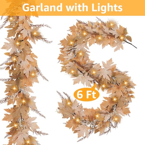 Image of NUTIKAS Neutral Fall Garland with Lights - 6 Ft Lighted Fall Felt Leaves for Mantle Outdoor Decor Light Up Autumn Leaf for Home Fireplace Decorations
