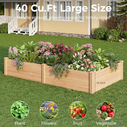 Image of Raised Garden Bed for Outdoor, 8x4 Ft Wood Garden Bed with 15 Inch Depth for Flowers /Vegetables /Herbs in Backyard Patio Outdoor, Open Base Bottom Planter Box