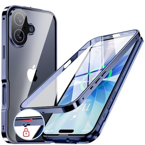 NIANGUO【ロック機能付き・自動ポップアップボタン】 iPhone17 用 ケース クリア 【両面強化ガラス】 9H硬度 【一体型レンズ保護】 アイフォン17 カバー アルミバンパー メタルフレーム 耐衝撃 傷防止 高感度タッチ 薄型 軽量 ワイヤレス充電対応 ストラップホール付き あいふぉん17 用 ケース 6.3インチ（ディープブルー）
