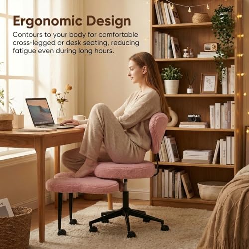 Image of Pinmoco Pink Criss Cross Chair with Heart Shaped Backrest, 31.5 inch Cross Legged Office Chair with Teddy Fleece, Armless Swivel Desk Chair for Home Office, Vanity & Reading, Adjustable Height