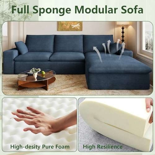 Image of 107 inch Cloud Couch Modular Sectional Sofa for Living Room, L-Shape Boneless Couch with Deep Seat, Modern Corduroy 3-Seater, No Assembly Required (Blue,Right-Facing Chaise)