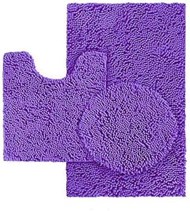 Linen Plus Collection Soft Shaggy Chenille Solid Bath Set Mats Non-Slip Bath Floor Mat, Contour Mat, Toilet Set Cover New # Chenille… (Purple)