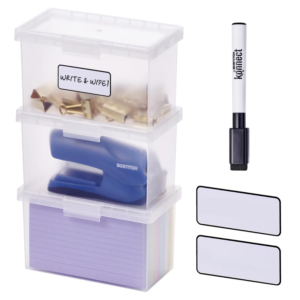 Bostitch Konnect Storage Containers with Lids, Office Organizer, Clear Plastic Box, Stackable for Index Cards, Labels, 1 Qt, 3 Pack
