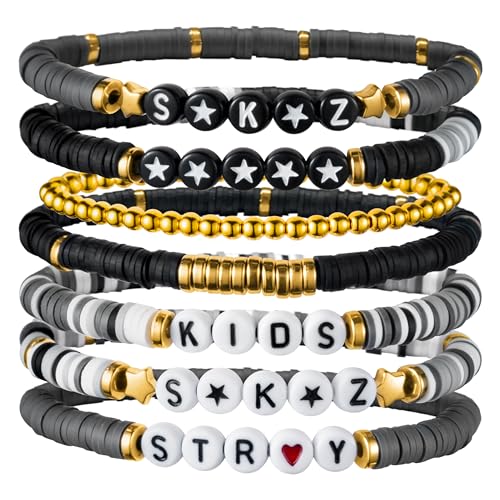 7Pcs Kpop Bracelet SKZ Clay Bead Bracelets Set Stray Fans Merch Gifts Kpop Jewelry Stretch Bracelet Gifts SKZ Jewelry Set for Teens Women Men Student Birthday Party Back to School Supplies
