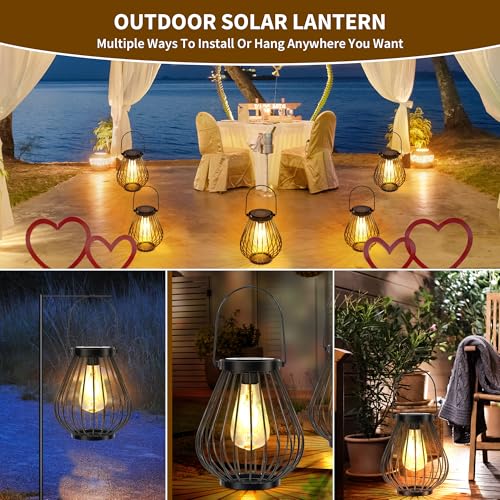 HPC Decor Outdoor Solar Lantern, 2PK Hanging Solar Powered Metal Light with Handle, Waterproof Wireless Warm Retro Bulb Design Lamp for Yard Garden Patio Fence Porch Pathway Decor by HPC DEC R OUR HAPPY PLACE - Used condition - Image 6