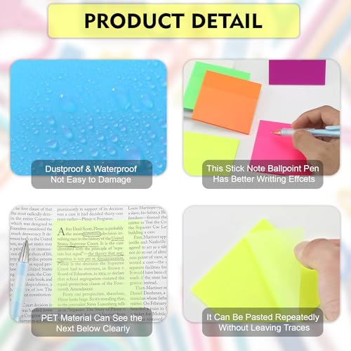 Image of GLUN Transparent Neon Sticky Notes 3x3 Inch, 250 Sheets, Self-Adhesive Clear Color Memo Pads, Waterproof See-Through Notes for Office, School & Study