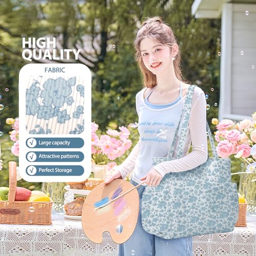 Corduroy Tote Bag for Women, Large Capacity Cute Tote Bags With 6 Pockets, Laptop Tote Bag Crossbody Shoulder Handbag Teacher Nurse Bags for Work Travel Gym(Blue Flowers) - image 6