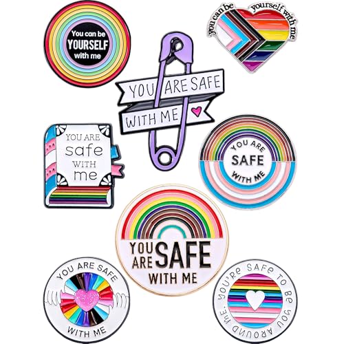 Anjulery 8-Pack LGBTQ+ Safe Space Enamel Pins Set Rainbow Progress Pride Metal Lapel Pins with You Are Safe With Me Quotes Collectible Gifts for Allies and Teachers (You Are Safe With Me)