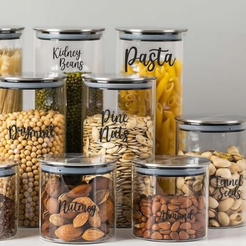 Image of CVANU 205pcs Spice Label Jar Sticker All Name in Stylish Font Black Color On Clear Self-Adhesive Vinyl Ingredient Labels for Kitchen Containers, 205 Labels