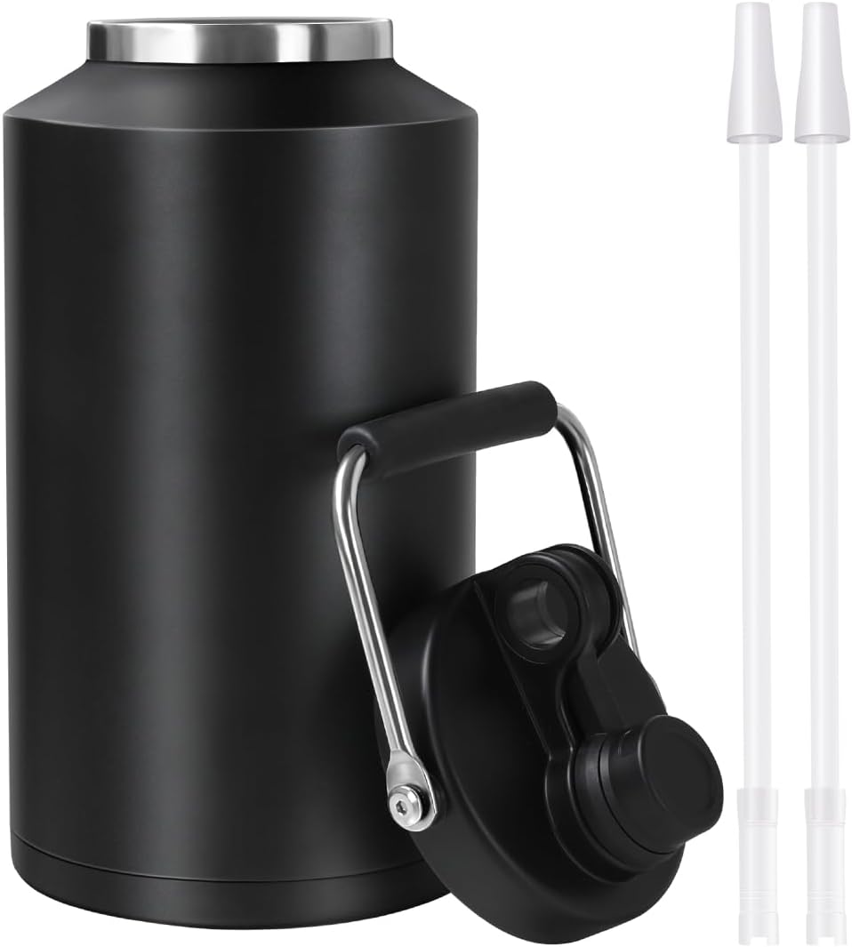 Insulated Water Bottle with Straw, 1 Gallon Jug with Handle, 128 oz Stainless Steel Large Water Bottle Wide Mouth Double Vacuum for Hot & Cold Drinks(Black)