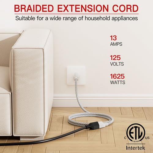 Image of 16 /3 Braided Extension Cord 15 FT, Braided Extension Cord Flexible & Durable, Indoor 3 Prong Power Cable, Suitable for Home and Office, 13 Amp 1625 Watt 125VAC 16AWG, ETL Listed