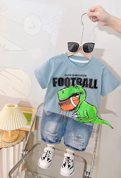 Image of Bold N Elegant Kids Dinosaur Football Cotton Half Sleeve T-Shirt with Denim Shorts Set for Infant Toddler Baby Boys Girls