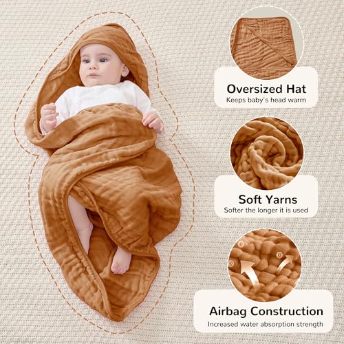 Image of JELLYMONI Muslin Baby Hooded Bath Towels for Newborn, 2 Pack 100% Cotton Baby Bath Towel with Hood for Baby, Infant, Toddler and Kids, Large 32 x 32 Inch Baby Bath Towels Soft and Absorbent