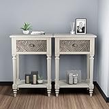 HOMPUS End Table Sets of 2 with Drawer and Shelf, Vintage Nightstand Sets with Pattern Drawer, Wood Grain Bedside Table, Modern Side Table Small Accent Table for Living Room, Bedroom, Light Grey Grain