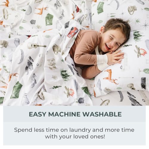 Image of Pobibaby Premium Twin Full Sheets Sets, Kids Double Bed Sheets in Cotton Blend | Ultra-Soft Woodland Camping Print with Fitted Sheet, Flat Sheet & Pillowcases (Full Explore)