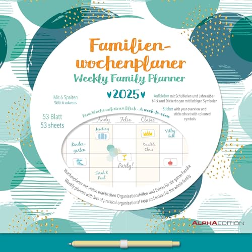 Alpha Edition - Familien Wochenkalender Dots 2025, 30,5x30,5cm, Wochenplaner mit 6 Spalten für Termine, Tasche für lose Notizen, Kalenderwochen, internationales Kalendarium