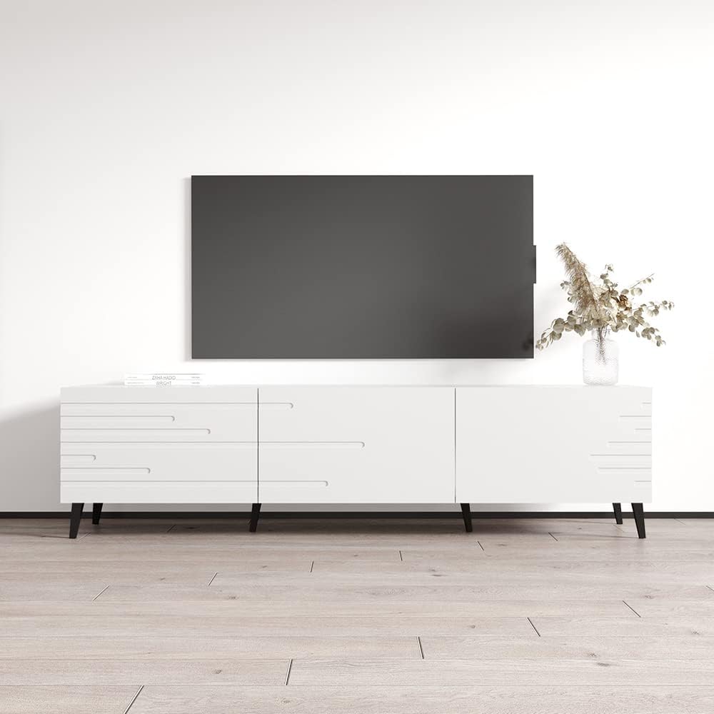Meble Furniture Nova 3K TV Stand with Matte Finish — Storage Drawers — Supports TVs up to 85" — White, 73" W x 16" D x 22" H
