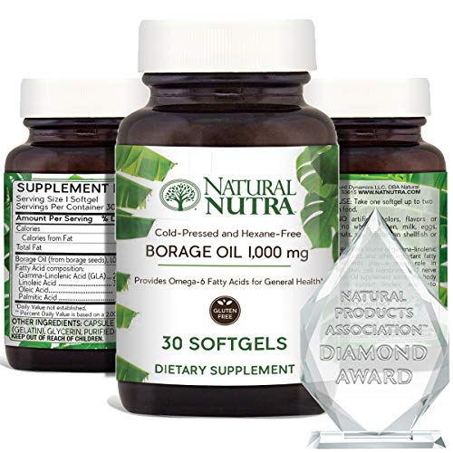 Natural Nutra Borage Oil, Omega 6 Essential Fatty Acids Supplement with GLA, Linoleic, Oleic and Palmitic Acid, Cold Pressed, Herbicide and Pesticide Free, 30 Softgels