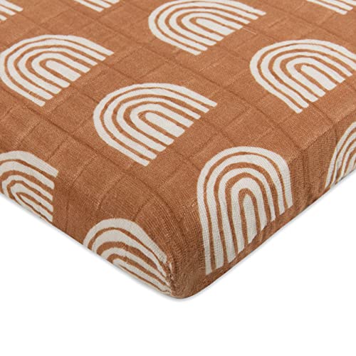 Image of Babyletto 100% Organic Cotton All-Stages Midi Crib Sheet, GOTS-Certified, Fitted 360°, Ultra-Soft and Breathable Muslin - Terracota Rainbow