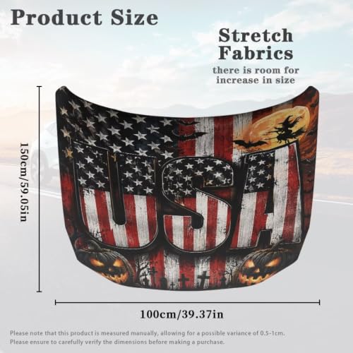 Image of Halloween American Flag Theme Car Hood Cover Protector for SUV Sedans Trucks 59x39 Inch Stretchable Car Hood Wrap Blankets Waterproof Sun Proof Auto Patriotic Decorations