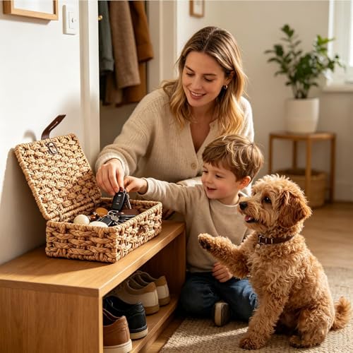 Cesta de jacinto de agua rectangular pequeña con tapa para baño y cocina 3