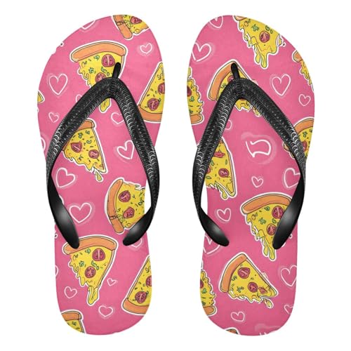 ALAZA Pizza Pink Love Pattern Flip Flops for Women Fashion Beach Slippers Comfort Mens Flip Flops Non-Slip Rubber Shower Slippers Sandal for Hotel Travel Sport,XS