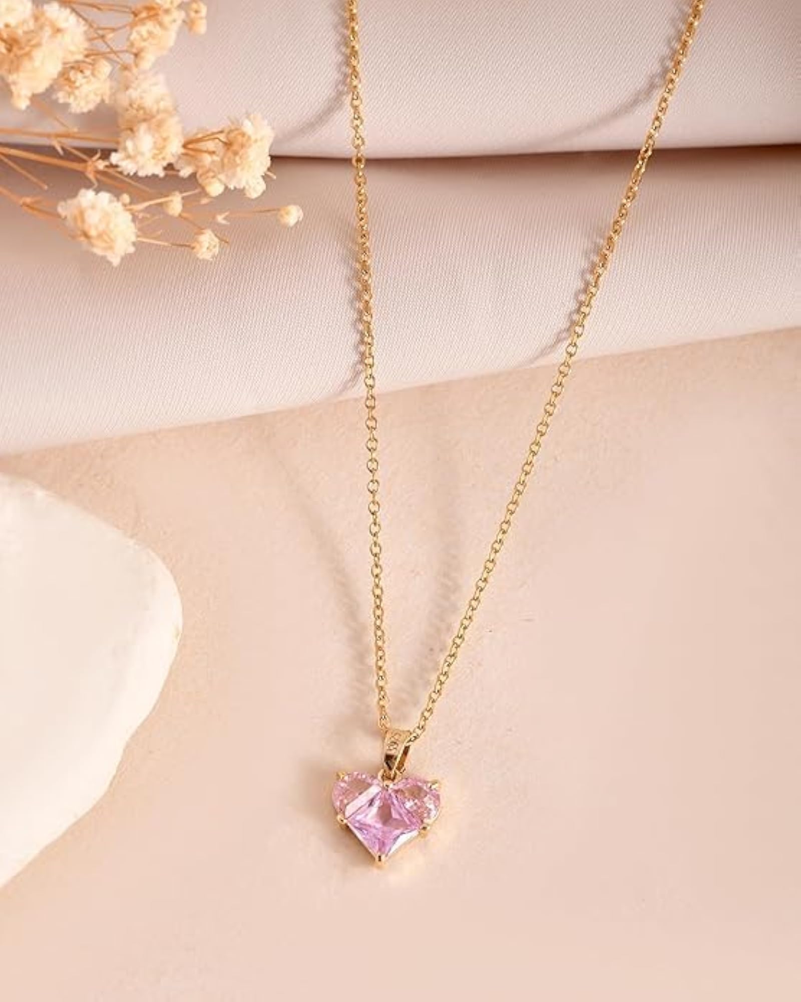 Anti-Tarnish Heart Pendant Necklace, Pink Crystal