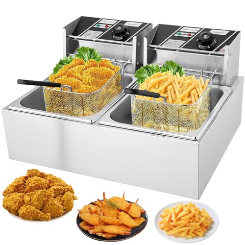 5000W Commercial Deep Fryer, Dual Tank Electric Stainless Steel Countertop Fryer with Basket & Lid, Adjustable Temperature Control for Home and Restaurant Use
