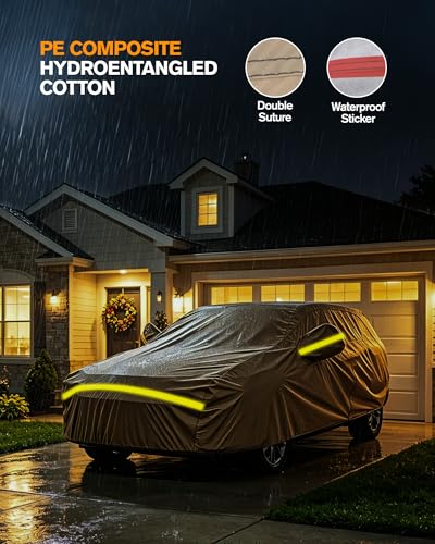 Image of Car Cover Waterproof All Weather, 6 Layers Full Exterior Covers with Zipper Cotton, Mirror Pocket. Outdoor Car Cover UV Snow Rain Wind Dust All Weather Outdoor Protection for SUV (185-190 inch)