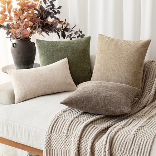 Image of Foindtower Pack of 2 Soft Textured Chenille Throw Decorative Pillow Cover Square Accent Solid Cushion Cover Cozy Neutral Farmhouse Pillow Case for Couch Sofa Bedroom Living Room 24x24 Inch,Olive Green