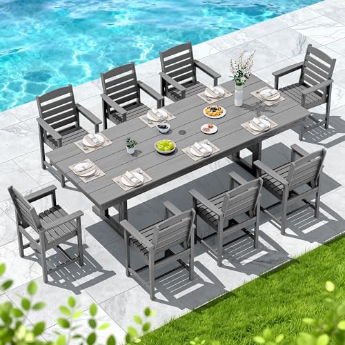 Image of SERWALL Outdoor 84 inch HDPE Dining Table with Umbrella Hole for 6-8, Gray | 9-piece HDPE 84 inch dining table, Ideal for Outdoor Gathering