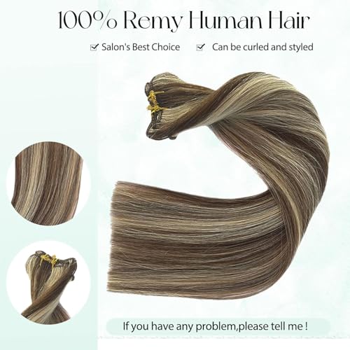 Image of Seamless Clip in Human Hair Extensions 20 Inch Remy Hair Extensions Ombre Brown to Blonde Clip on Extensions Silky Straight 70g 70pcs