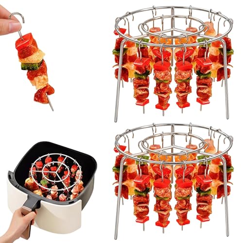 JIYIHENKEAI Air Fryer Barbecue Grill Vertikal Barbecue Kebab, 12/24/36/48 Spieße Air Fryer Rack Rund, 6 Zoll Air Fryer Spießständer, Multifunktionaler Edelstahl Hängender BBQ Kabob(24 Skewer,2pcs)