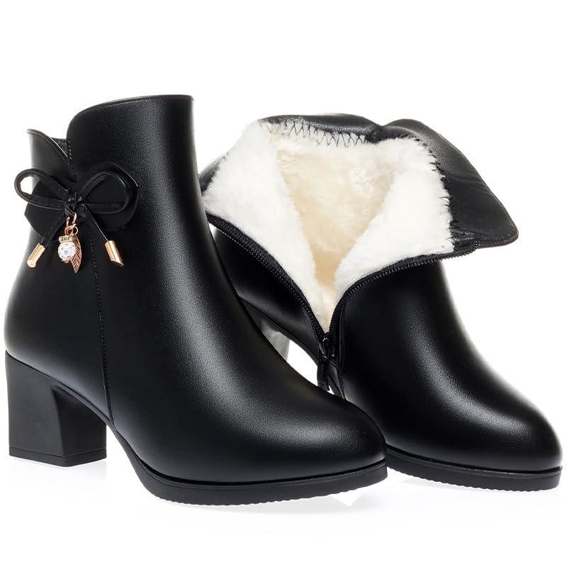 Womens Faux Fur Lined Ankle Boots Stylish Block Heel Bow - Accented Boots for Winter Casual Dressy Occasions