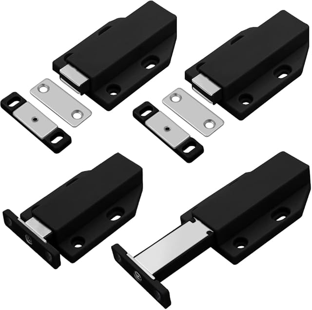 Push to Open Door Catches Jiayi 4 Pack Cabinet Magnetic Push Door Catches Black Cupboard Push Latch Release Door Magnet Kitchen Drawer Closer Push Opener for RV Door Damper Large Wardrobe Closure