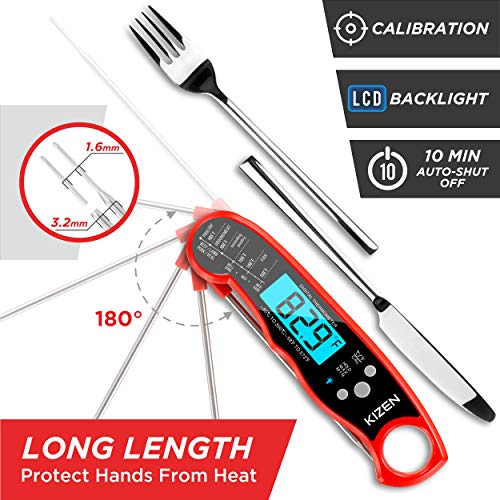 Kizen Instant Read Meat Thermometer - Best Waterproof Ultra Fast Thermometer with Backlight & Calibration. Kizen Digital Food Thermometer for Kitchen, Outdoor Cooking, BBQ, and Grill! (Red Midnight) - Thumbnail 3