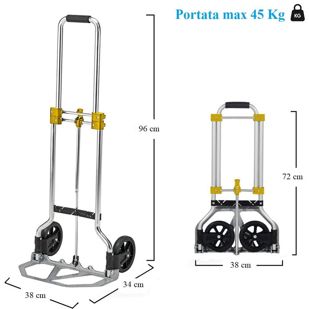 Paluplus Carrello Portapacchi Pieghevole Salvaspazio in ALLUMINIO con Portata 45 Kg, misura 38x34x96cm, Manico Telescopico e 2 Ruote in Gomma, Montacarichi Manuale per trasporto carichi pesanti -A125