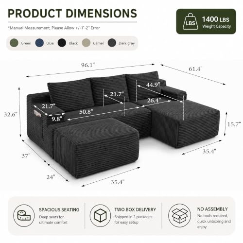 Image of Boneless Couch, Modular Sectional Couches for Living Room, U-Shaped Cloud Couch Sofa with Deep Seat, Fluffy Corduroy Upholstered Corner Sofa