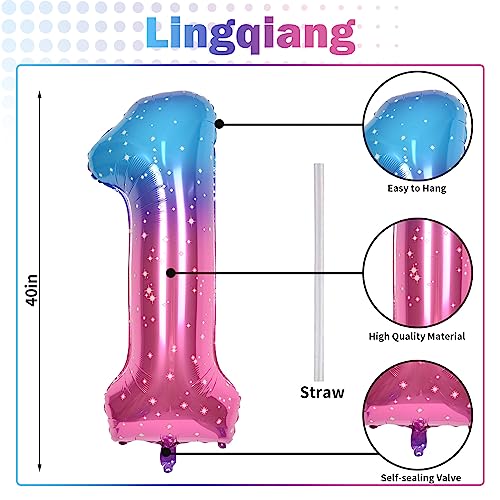 40 Inch Gradient Rainbow Number 1 Balloon for 1st Birthday Decoration, Large Self Inflating Blue Pink Foil Number Balloons 0-9 for Girls, Starry 1 Helium Balloons for Women Party Anniversary Supplies - 3
