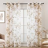 L.Z.E Vorhang Taupe Braun für Küche Fenster, Transparent Gardine Sand Weiß mit Ösen Kurz, Durchsichtig Gardinen Vorhänge für Wohnzimmer Schlafzimmer, 2er Set Blatt Gemustert Ösenvorhang, 145 cm Länge