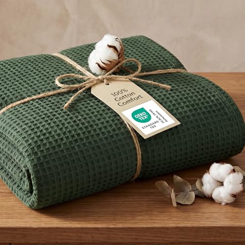 Bedsure GentleSoft 100% Cotton Blanket Queen Size for Summer - Breathable Lightweight and Soft Basket Waffle Weave Woven Aesthetic Blankets for Women Gift Home Decor Olive Green 90x90 inches