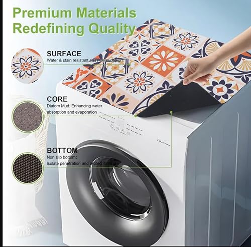 Image of HomeCloud Washing Machine Protective Mat for Top of Washer and Dryer - Non-Slip Waterproof Dust Cover for Laundry & Kitchen (60 x 60) (Blue Flower)
