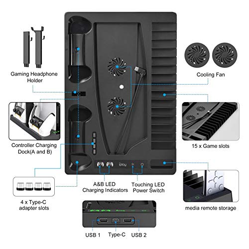 Ksruee PS5 Vertical Stand - Compatible Playstation 5 Console Cooling Stand, PS5 Controller Charger, and 15 Disc Game Rack - Keep All Your Playstation 5 Accessories Organized in One Place
