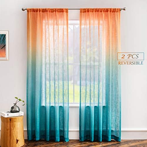 Melodieux Linen Textured Ombre Semi Sheer Curtains 84 Inches Long for Bedroom Living Room Sunset Rod Pocket Gradient Drapes, Orange Green Teal Turquoise Mint, 52 x 84 Inch (2 Panels)