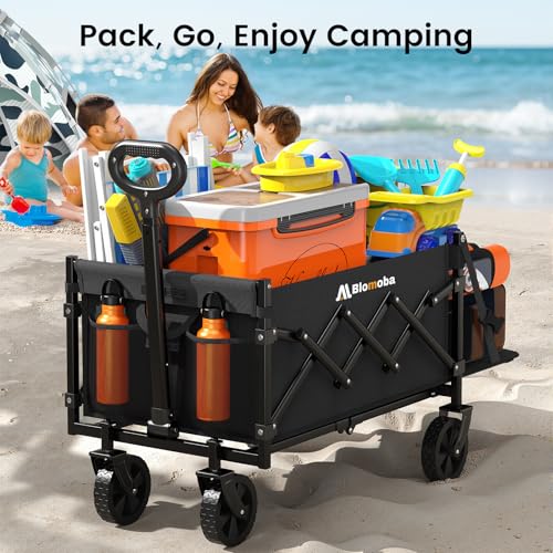 220LBS Foldable Wagon with All-Terrain Wheels, Portable Wagon Cart with Extended Tailgate, Adjustable Handle, Utility Cart for Camping, Shopping, Garden, Sports, Grocery, Black