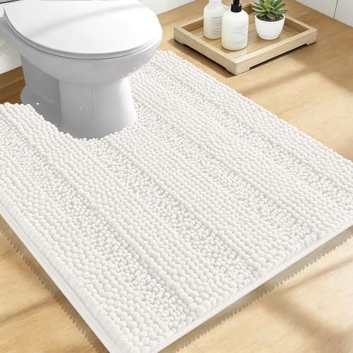 Image of OLANLY Thick Toilet Rugs U-Shaped 24x20, Extra Soft Absorbent Chenille Striped Contour Bathroom Rugs for Toilet, Dry Quickly, Machine Washable, Non-Slip Bath Mat, Ivory
