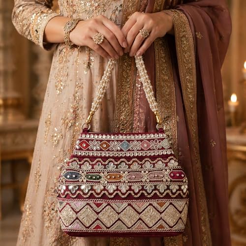 Image of PLANX Velvet SilK Stylish Embroidery Unique Design Traditional Ethnic Wedding Party Handheld Potli For Women