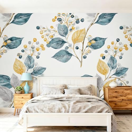 Photo Wallpaper Vintage Leaves Berries, 200 x 140 cm Non-Woven Art Print Fleece Wall Mural Decoration Poster for Bedroom Nursery Living Room - Light Gray Background Modern 3D Wall Mural